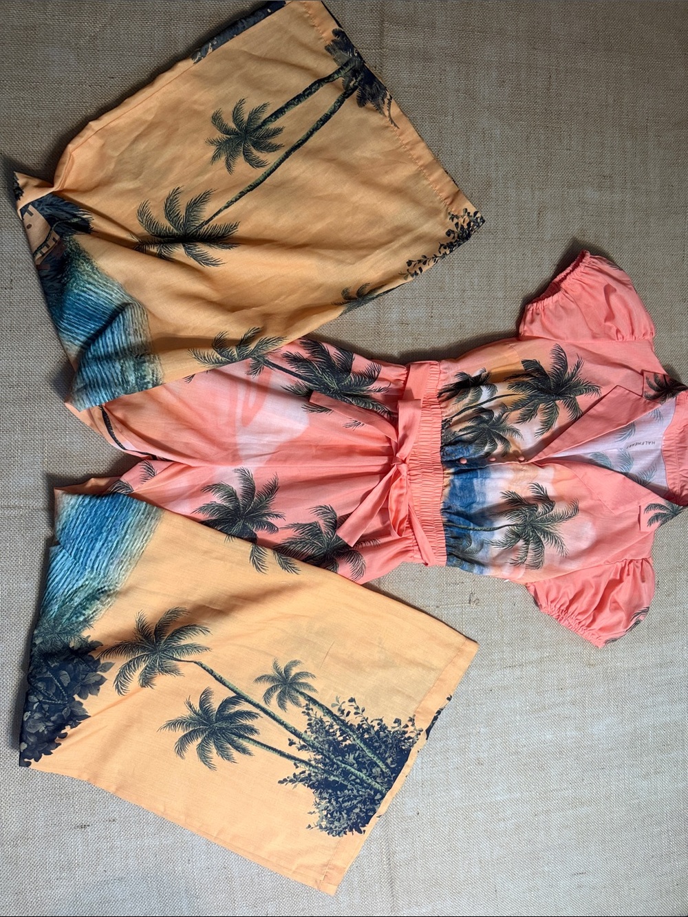 Tropical Palm Print romper in Coral and Peach